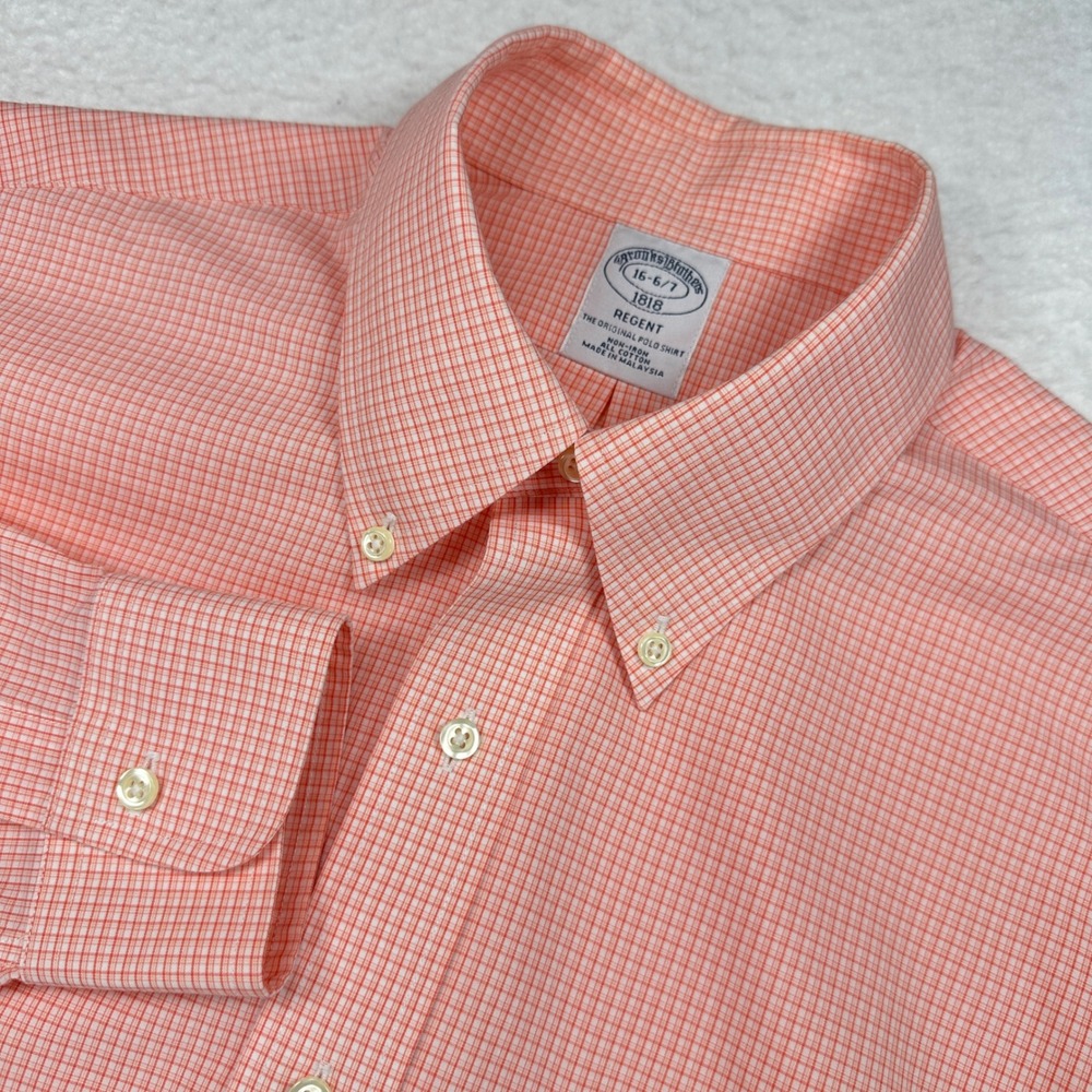 Brooks Brothers Regent Dress Shirt Mens 16-6/7 Orange Micro Check Non-Iron 1818